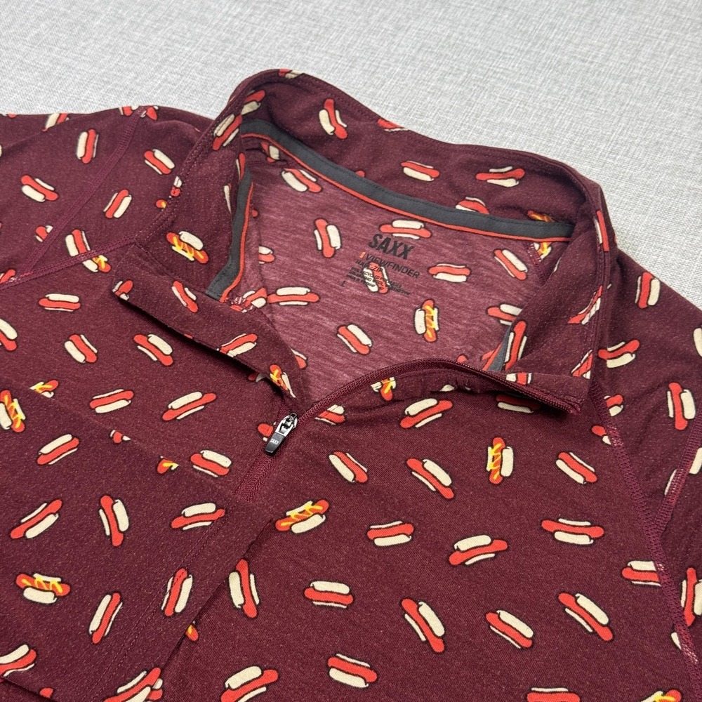 SAXX Viewfinder‎ 1/4 Zip Pullover Mens Large Red Hot Dog Print Raglan Sleeve